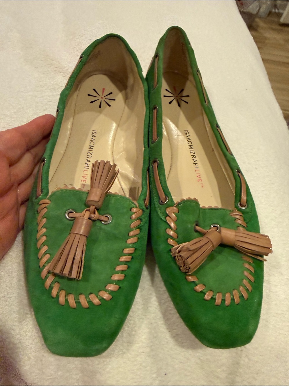 Isaac Mizrahi  Green Suede Tassel Loafers with Tan Accents
